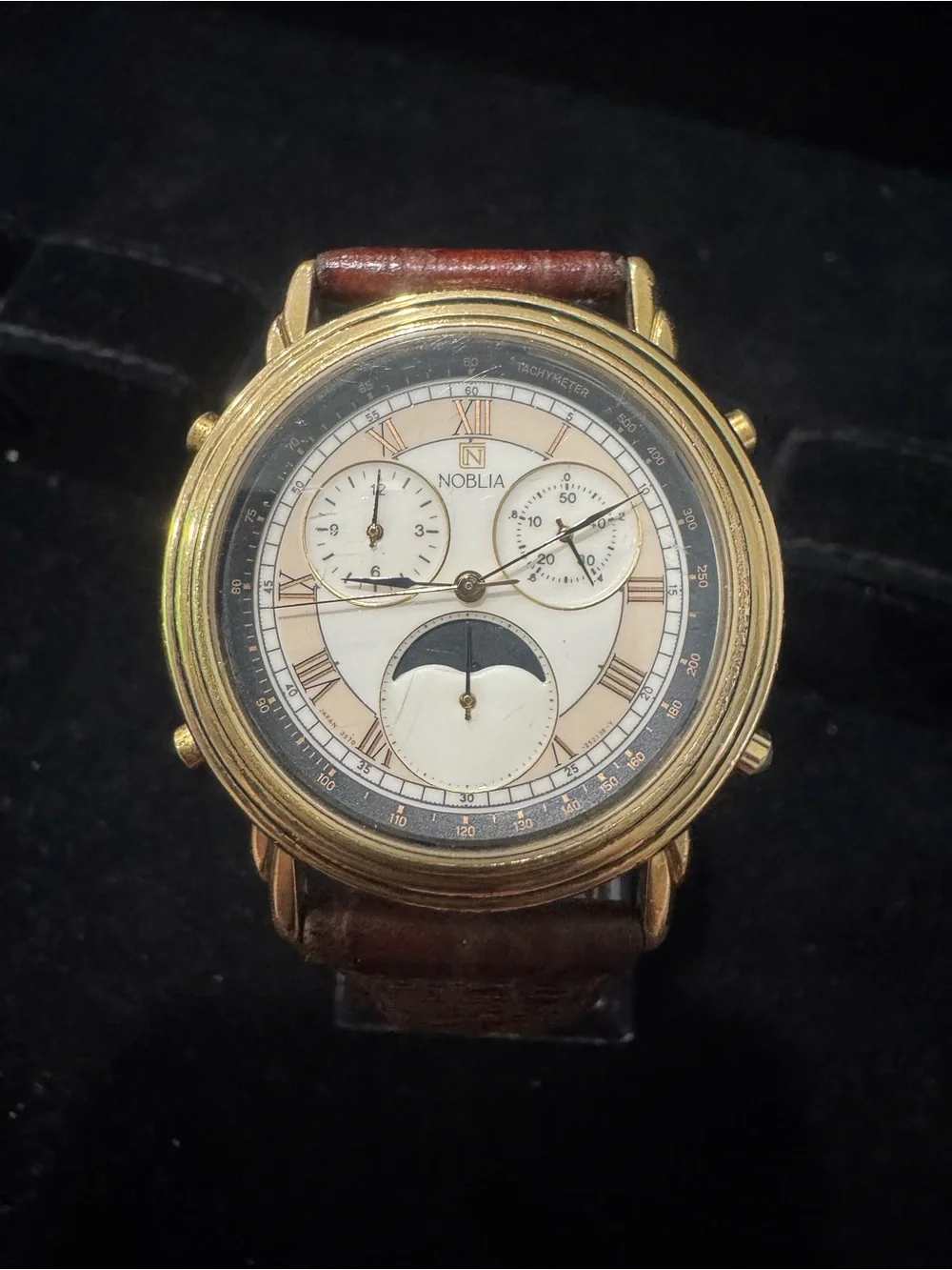 Noblia Gold-Tone Moonphase Chronograph Watch - White Dial, Brown Strap